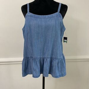 Crown & Ivy Petite Large Blue Chambray Peplum Ruffle Hem Tank Top